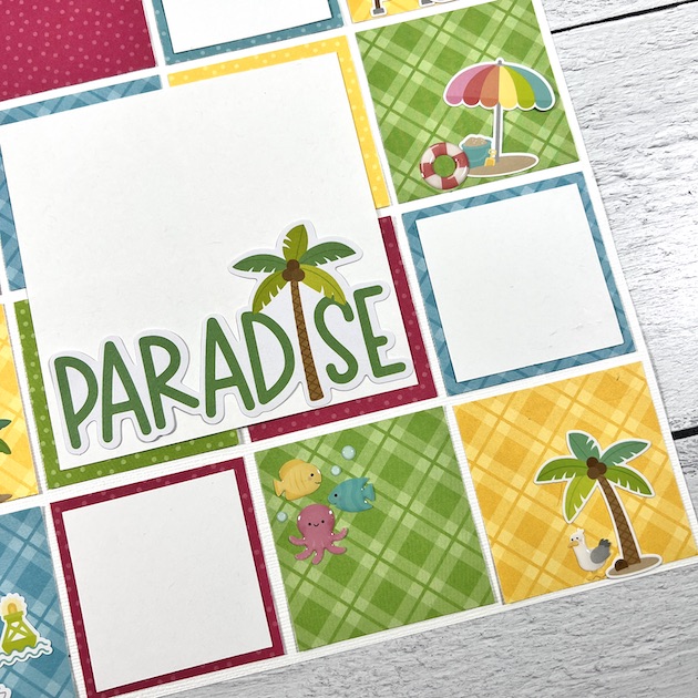 12x12 summer scrapbook page layout with beach umbrella, fish, and palm tree