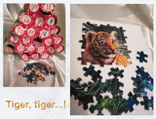 brad calendat Advent si piese de puzzle demontate, apoi imaginea unui cap de pui de tigru