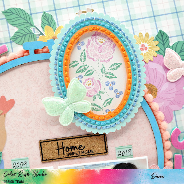 Colorful layered scrapbook layout created with the Poppy and Pear collection from Bea Valint and dimensional embellishments from Color Rush Studio.