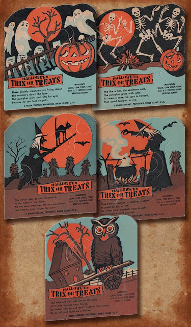 A five card candy-holder card set featuring ghosts and skeletons in graveyards, witches, and owl.