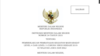 Download Inmendagri 24 tahun 2021 tentang PPKM Level 4 dan Level 3 COVID-19 Jawa Bali