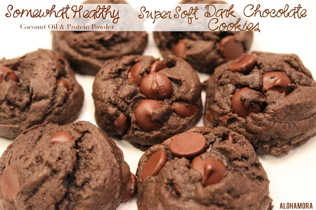 Semi-Healthy Super Soft Dark Chocolate Cookies made with coconut oil and protein powder.  These soft and delectable cookies are so good you won't notice there is healthy good for you ingredients.  Alohamora Open a Book http://alohamoraopenabook.blogspot.com/ healthy treats cookies, dessert, dairy free,