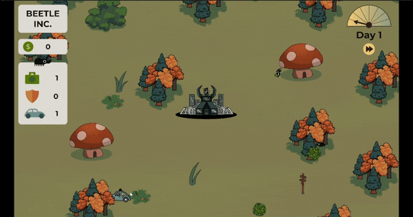 Shows a sales-beetle finding a customer, making a sale, and returning to the office with a money ball(an animated GIF of a recording from Business Beetles).