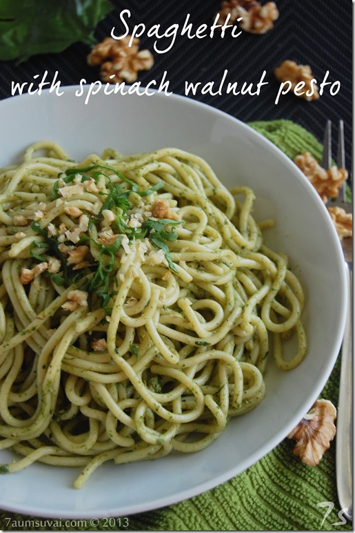 Spaghetti with spinach walnut pesto