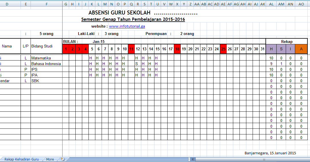 Contoh Format Daftar Hadir Guru Excel | Administrasi Sekolah SD SMP SMA