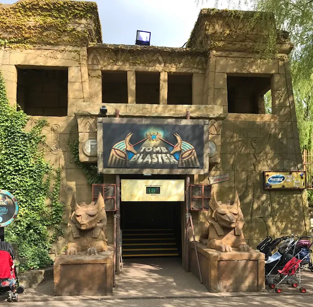 View of the Front of the Tomb Blaster ride designed to look like the entrance to a tomb