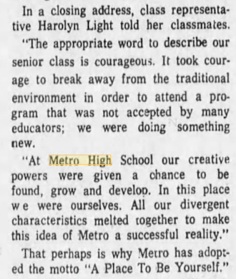 newspaper article 1974 Metro High School's first graduation, founded by Betty M Wheeler