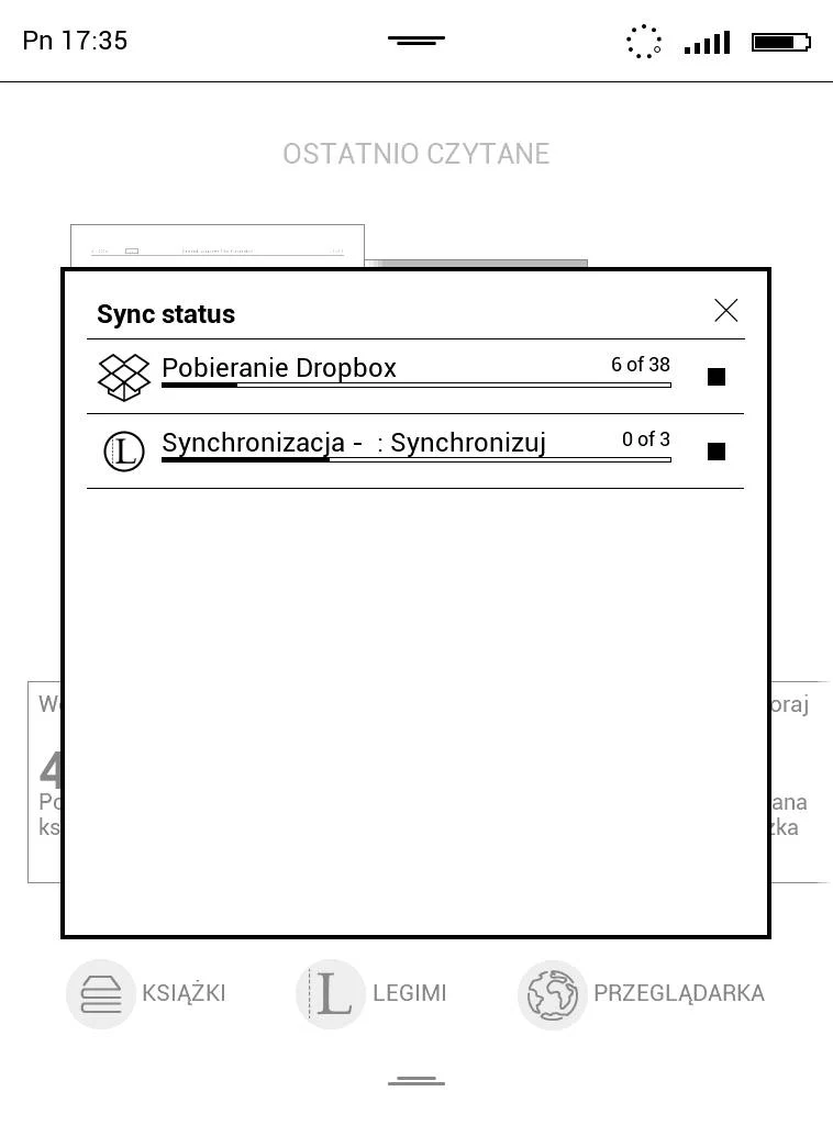 PocketBook Touch Lux 4 – postępy pobierania plików w usługach Dropbox i Send-to-PocketBook