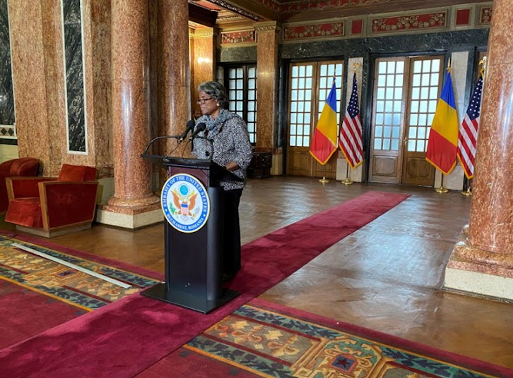 Linda Thomas-Greenfield, the United States' Ambassador to the United Nations, speaks to the media at the Bucharest railway station on April 4, 2022, after announcing that Washington will seek to suspend Russia from the United Nations Human Rights Council.