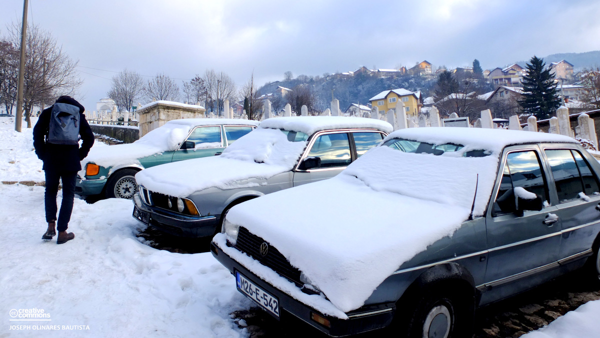 Cars covered in snow. Sarajevo, Bosnia and Herzegovina. / Photo by: Joseph Bautista. A free travel stock photo licensed under Creative Commons.