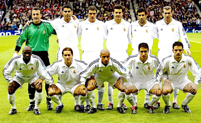 REAL MADRID C. F. Temporada 2001-02. César, Fernando Hierro, Iván Helguera, Solari, Figo y Zidane. Makelele, Michel Salgado, Roberto Carlos, Raúl y Morientes. REAL MADRID C. F. 2 BAYER 04 LEVERKUSEN 1 Miércoles 15/05/2002, 20:45 horas. Liga de Campeones de la UEFA, final. Glasgow, Escocia, Reino Unido, Hampden Park: 50.499 espectadores. GOLES: 1-0: 8’, Raúl. 1-1: 13’, Lúcio. 2-1: 45’, Zidane.