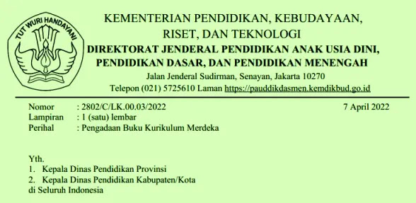 SURAT EDARAN KEMENDIKBUD TENTANG PENGADAAN BUKU KURIKULUM MERDEKA TAHUN 2022