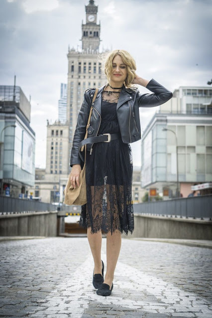 black lace dress with a pair of flat.