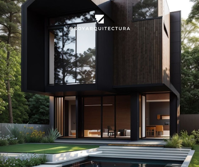 Casa moderna de campo, acabados en negro y madera