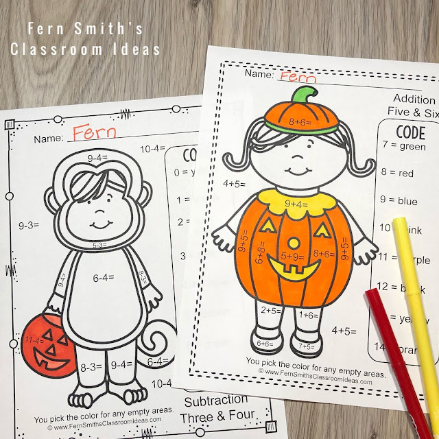 Halloween Color By Number Cute Students in Halloween Costumes for Some October Halloween Fun For Your Addition and Subtraction Math Lessons - For Kindergarten, First Grade and Second Grade - TeacherspayTeachers - #FernSmithsClassroomIdeas