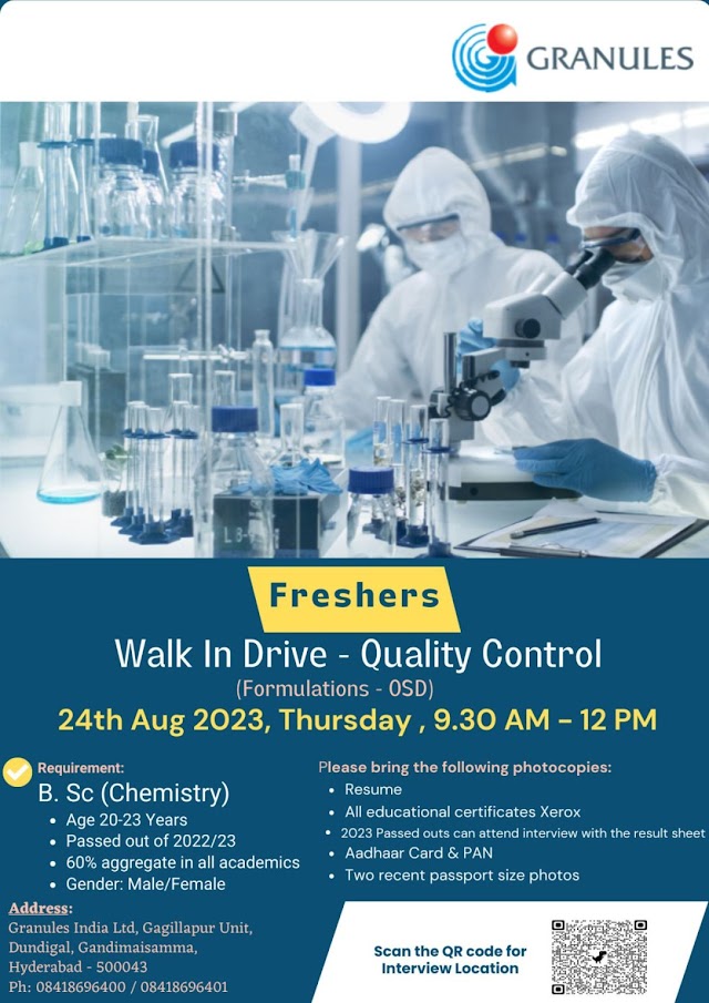 Granules India Limited | Walk-in interview for QC - Formulations on 24th Aug 2023