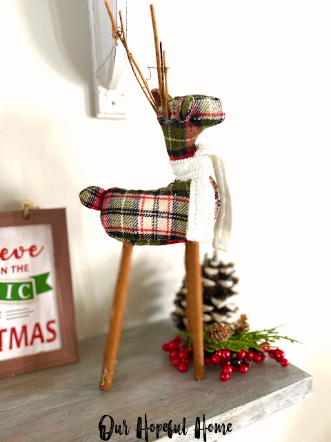 plaid flannel reindeer wood stick legs and scarf