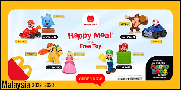 McDonalds Super Mario Bros Movie toys 2022-2023 Happy Meal Toy Singapore promotion 15 December 2022 to 11 January 2023 includes 8 plastic characters: jumping mario, flashlight luigi, spinning lumalee, spinning peach, toad kart, mario kart, barrel donkey kong and fire breathing bowser