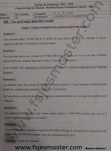 Exemple Examen Licence Epreuve de Mathématiques Financières 2020 - Fsjes Souissi