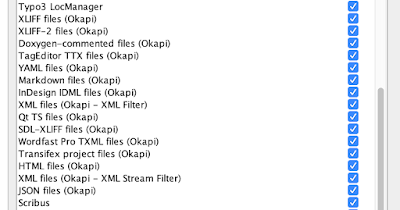 The Okapi plugin provides a number of additional filters that are identified in the OmegaT interface by the string "(Okapi)" appended to their names