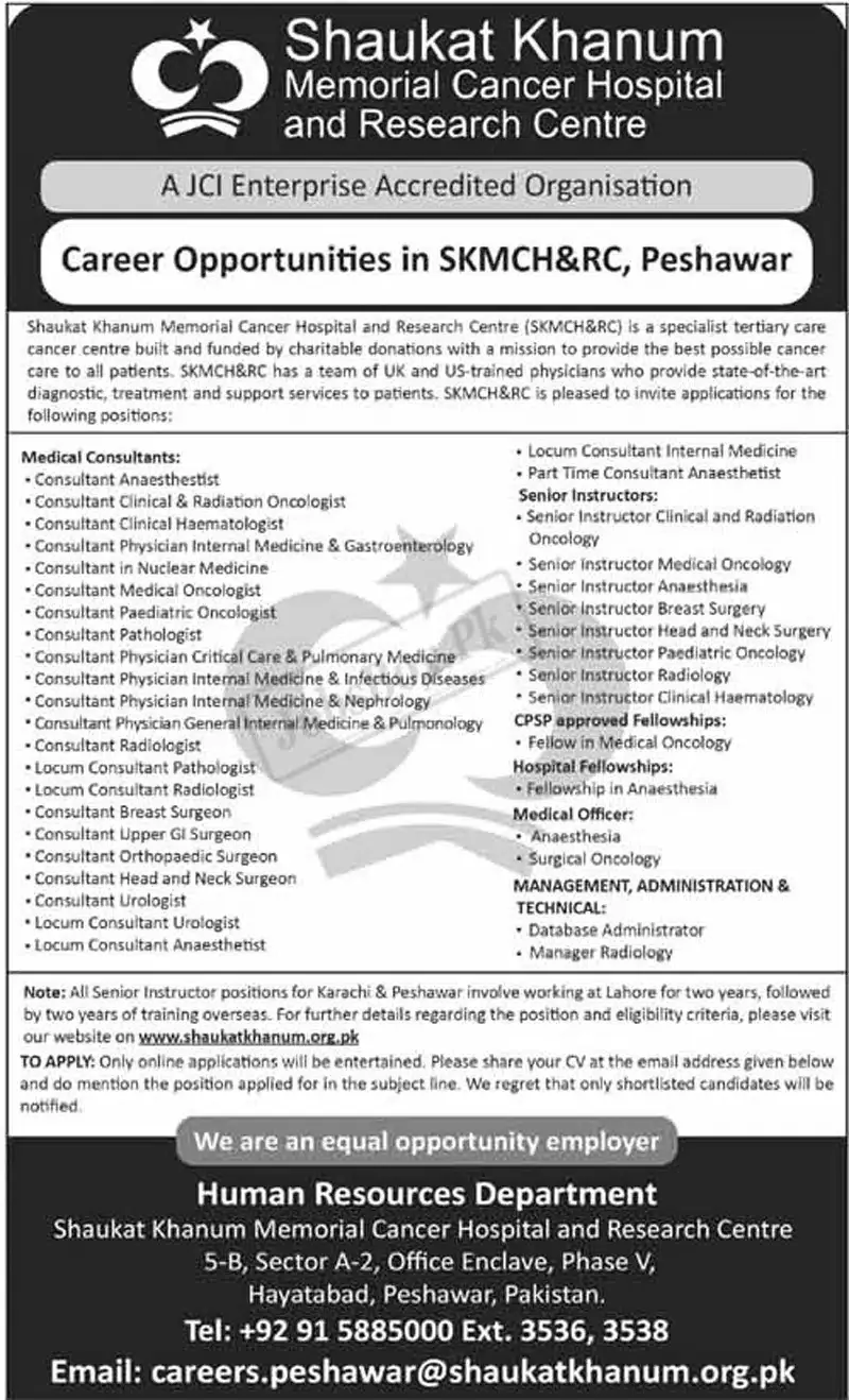 Shaukat Khanum Memorial Cancer Hospital Situation vacant 2023 Current Opportunities