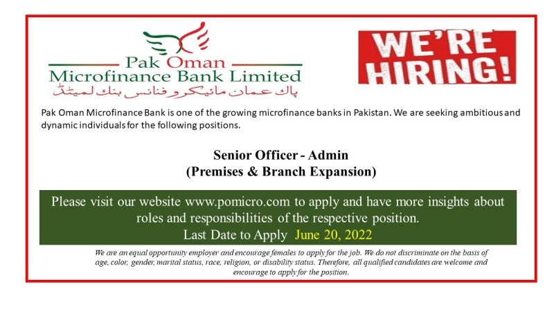 Pak Oman Microfinance Bank Ltd Jobs Jun 2022
