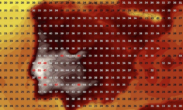 Weather model for maximum temperatures on Saturday, 4 August 2018. Portugal’s meteorological agency IPMA said on Wednesday, 1 August 2018, that temperatures in the southern region of Alentejo are forecast to reach 47°C (116.6°F) on Saturday, on par with the national record set in 2003. Some weather models suggest that the maximum temperature could reach as high as 51°C (123.8°F) in some areas. Graphic: wxcharts.eu