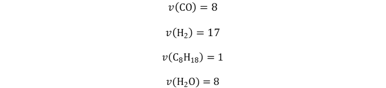 Determine los coeficientes estequiométricos de 8 CO + 17 H2 → C8H18 + 8 H2O, Determinar los coeficientes estequiométricos de 8 CO + 17 H2 → C8H18 + 8 H2O, Halle los coeficientes estequiométricos de 8 CO + 17 H2 → C8H18 + 8 H2O, Hallar los coeficientes estequiométricos de 8 CO + 17 H2 → C8H18 + 8 H2O, Identifique los coeficientes estequiométricos de 8 CO + 17 H2 → C8H18 + 8 H2O, Identificar los coeficientes estequiométricos de 8 CO + 17 H2 → C8H18 + 8 H2O,