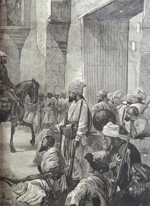 An illustration from London Illustrated News showing Afghan warriors outside gate of Jalalabad city in 1880