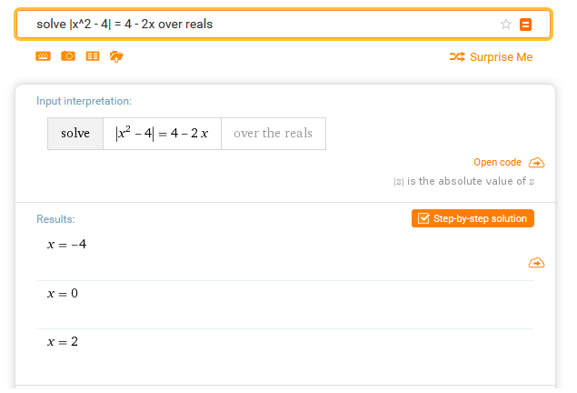 https://www.wolframalpha.com/input/?i=solve+%7Cx%5E2+-+4%7C+%3D+4+-+2x+over+reals