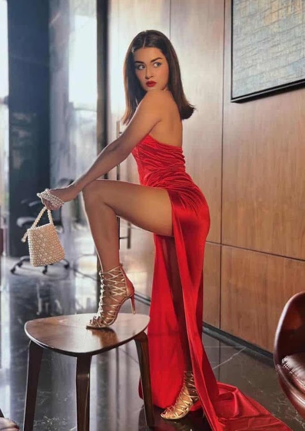 avneet kaur high slit red dress sexy legs