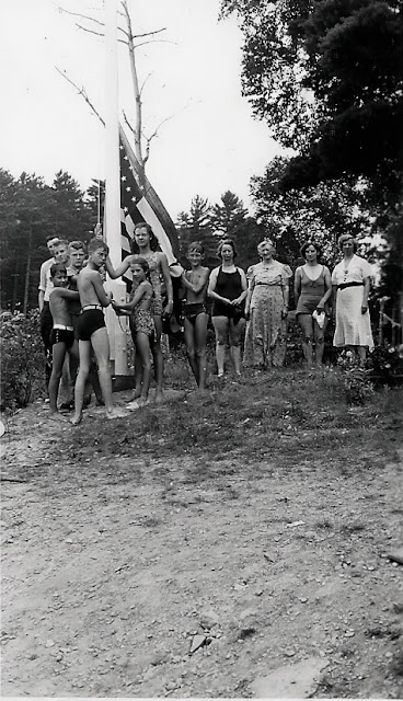 Raising the flag at the camp, Drew's Lake Maine, abt 1938