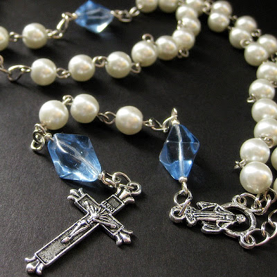 Holy Rosary in White Pearls and Blue Glass