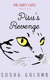 Book cover, 'Pisu's Revenge' by Susha Golomb. Image depicts close-up of a cat's face, possibly rendered in ink-drawing. The cat's eyes are shaded in yellow, and the cat's nose is shaded gray. Otherwise, the image consists of dark lines that suggest tabby markings and the contours of the face, against a plain background.