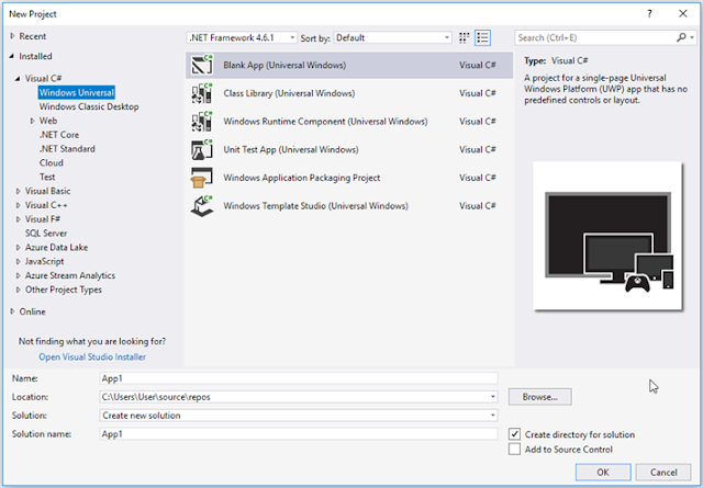 Visual Studio Community 2017 Création de projet d'application Windows Universal Platform (UWP)