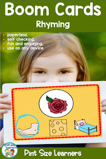 Boom Cards | Rhyming Words | Distance Learning | PK K  Can your kids identify rhyming words? This important prereading skill helps students identify sounds at the END of the word. Which is important when decoding words. Students will have fun finding rhyming pictures with this 20 card deck. Boom Cards are great for homeschool or distance learning.