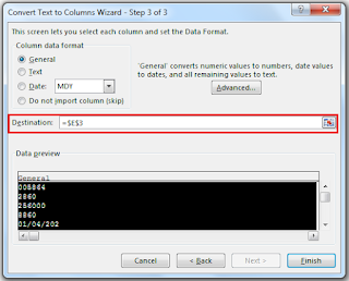 Menghilangkan tanda kutip satu dalam Excel dengan menu Text to Columns - Destination