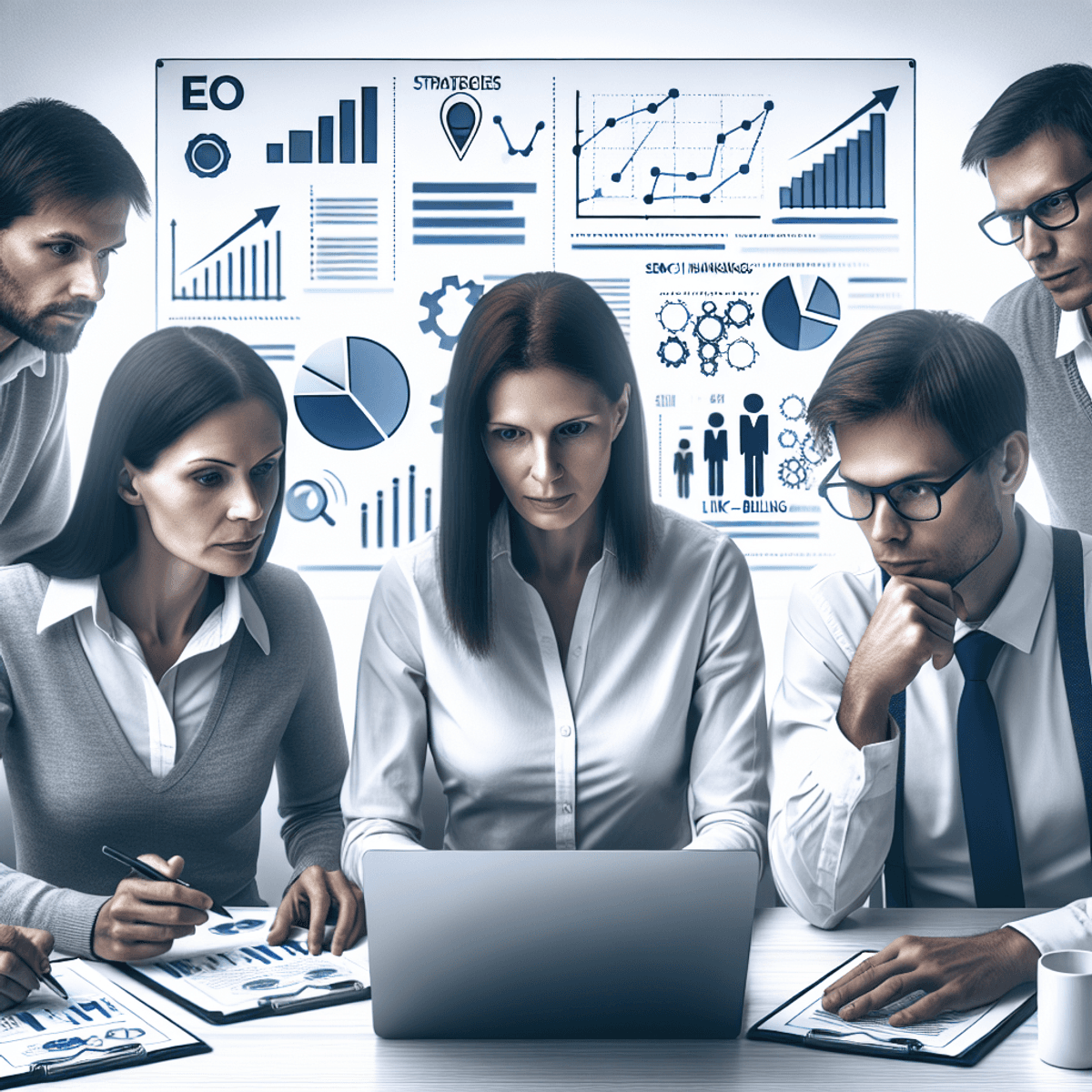 A diverse professional group consisting of a Caucasian woman, an Asian man, and a Hispanic man gathered around a laptop, engaged in a focused discussion about SEO and link-building strategies. The woman is pointing at the screen while the Asian man takes notes, and the Hispanic man nods thoughtfully. In the background, a whiteboard displays various charts and graphs symbolizing an increase in search rankings, filled with abstract shapes and lines. The atmosphere conveys collaboration and expertise.