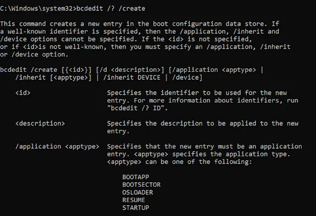 list of bcdedit command