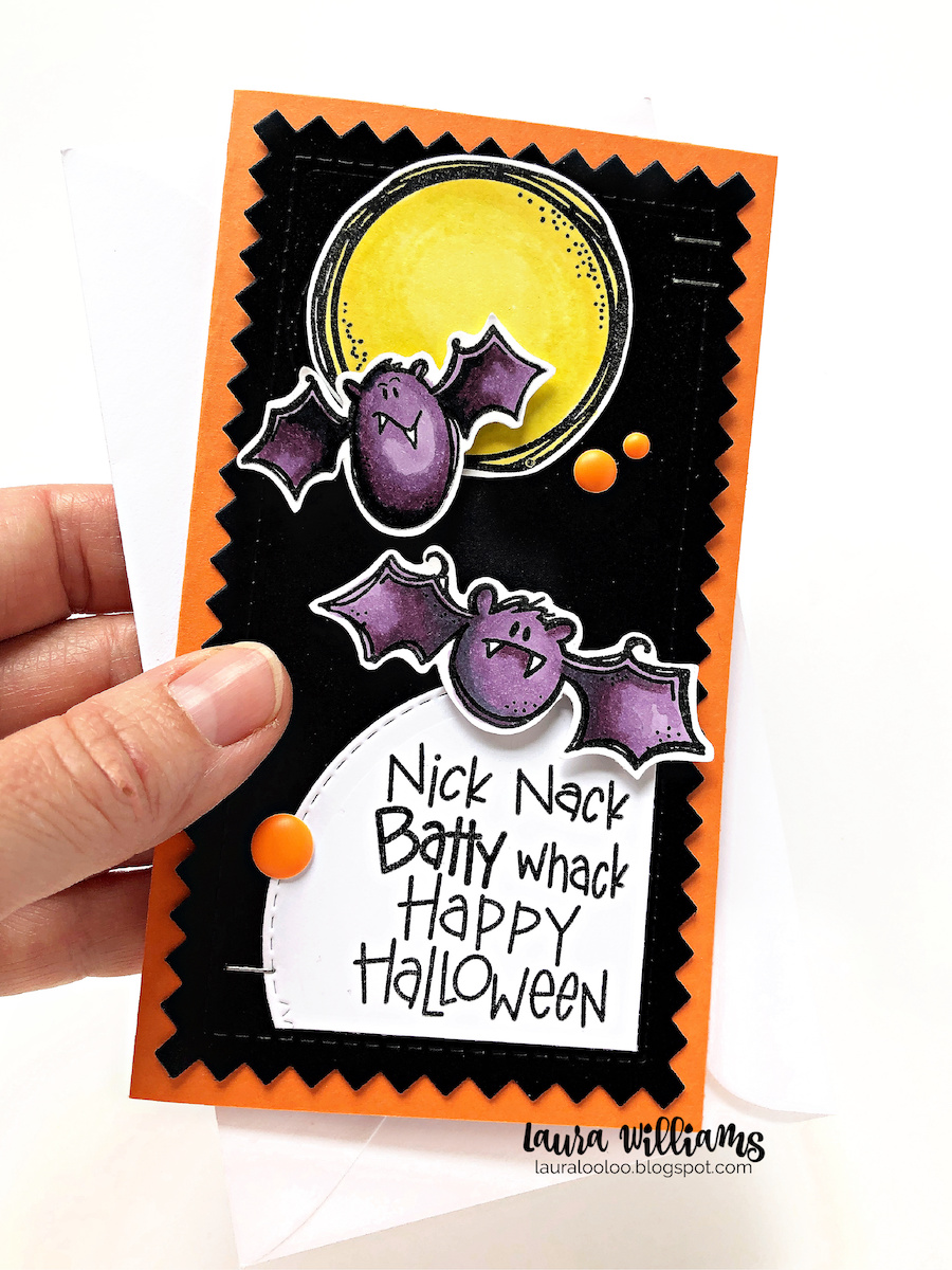 Today the Impression Obsession designers are showcasing the August release, and you'll be feeling BATTY over these brand new Halloween goodies (plus so much more!)  Both of today's cards are slightly non-traditional shaped. First up, a mini slimline card which comes together easily with that Pinked Mini Slimline die. The mini slimline size has some flexibility, generally somewhere around 3.5x6 or so. This particular card is 3.25x5.75 which is the perfect size for this die.  For both cards, I colored these adorable bats, brand new from the Batty Halloween clear stamp set, using markers in shades of purples. Purple is a fun color to use instead of black or dark gray, to really let those cute faces (and fangs) stand out.