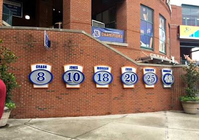 Note the first retired number is Crash Davis from 'Bull Durham.' But where is the love for Ebby Calvin "Nuke" LaLoosh?