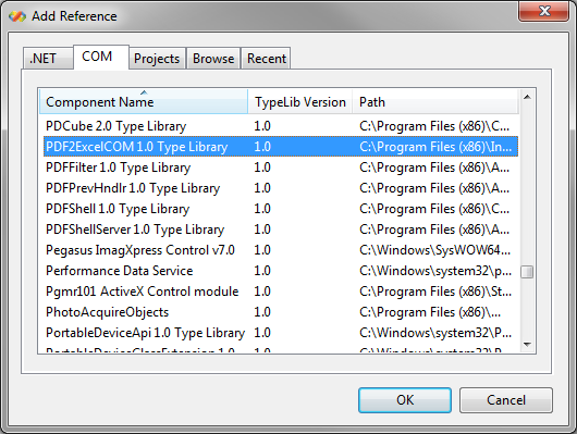 reference to the PDF2ExcelCom 1.0 COM Component