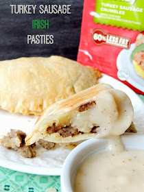 These Easy Turkey Sausage Irish Pasties have a hearty, tasty filling wrapped in a light, flaky crust and served with a quick and creamy homemade gravy.