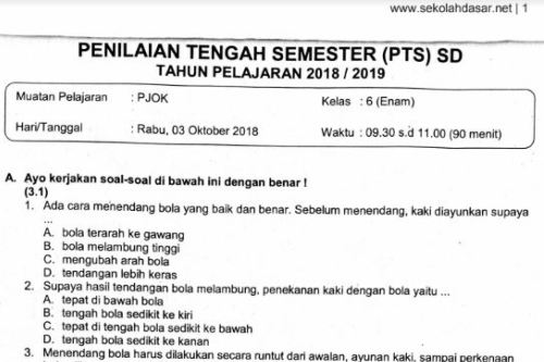 Soal Ulangan Pts Pjok Kelas 6 Semester 1 K 13