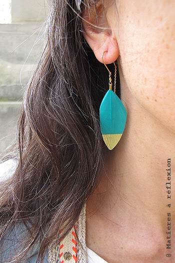 Boucles plumes turquoise Stalactite bijoux