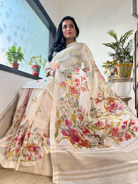 Linen floral saree