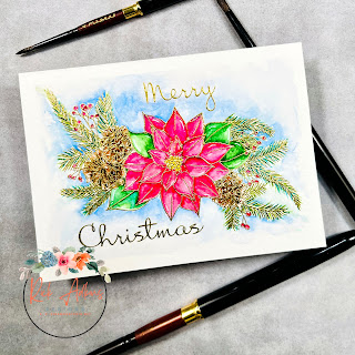 Poinsettia & Pinecones Watercolor Card by Rick Adkins