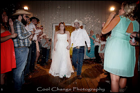 Bride and groom with bubbles