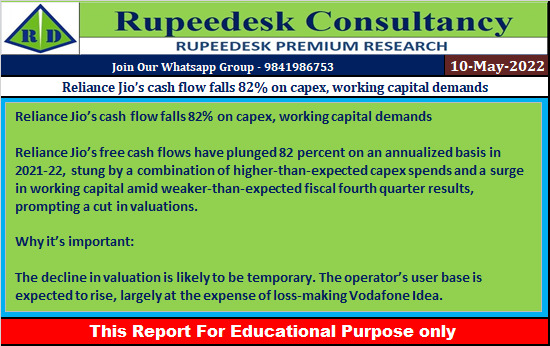 Reliance Jio’s cash flow falls 82% on capex, working capital demands - Rupeedesk Reports - 10.05.2022