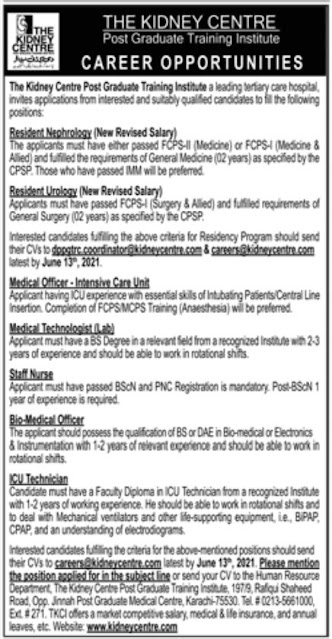 Hospital Jobs Karachi Kidney Centre 2021